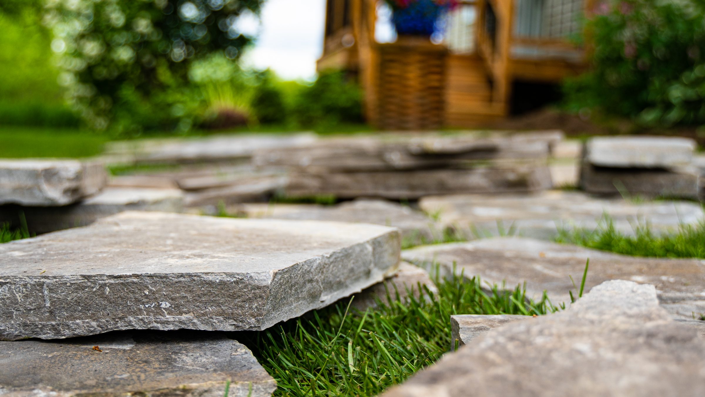 Stone stepping path across green garden lawn