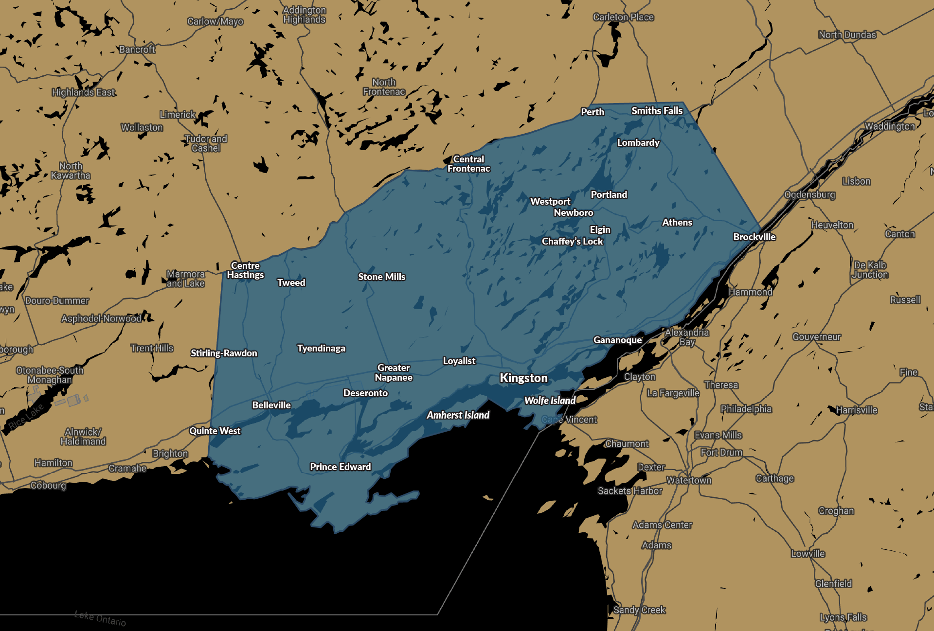 Map highlighting Kingston and surrounding Ontario region