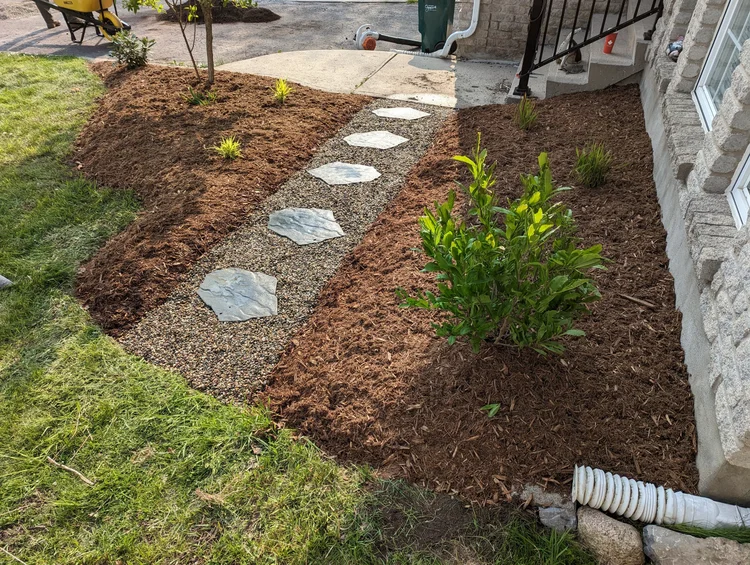 Mulched garden bed with stepping stone pathway