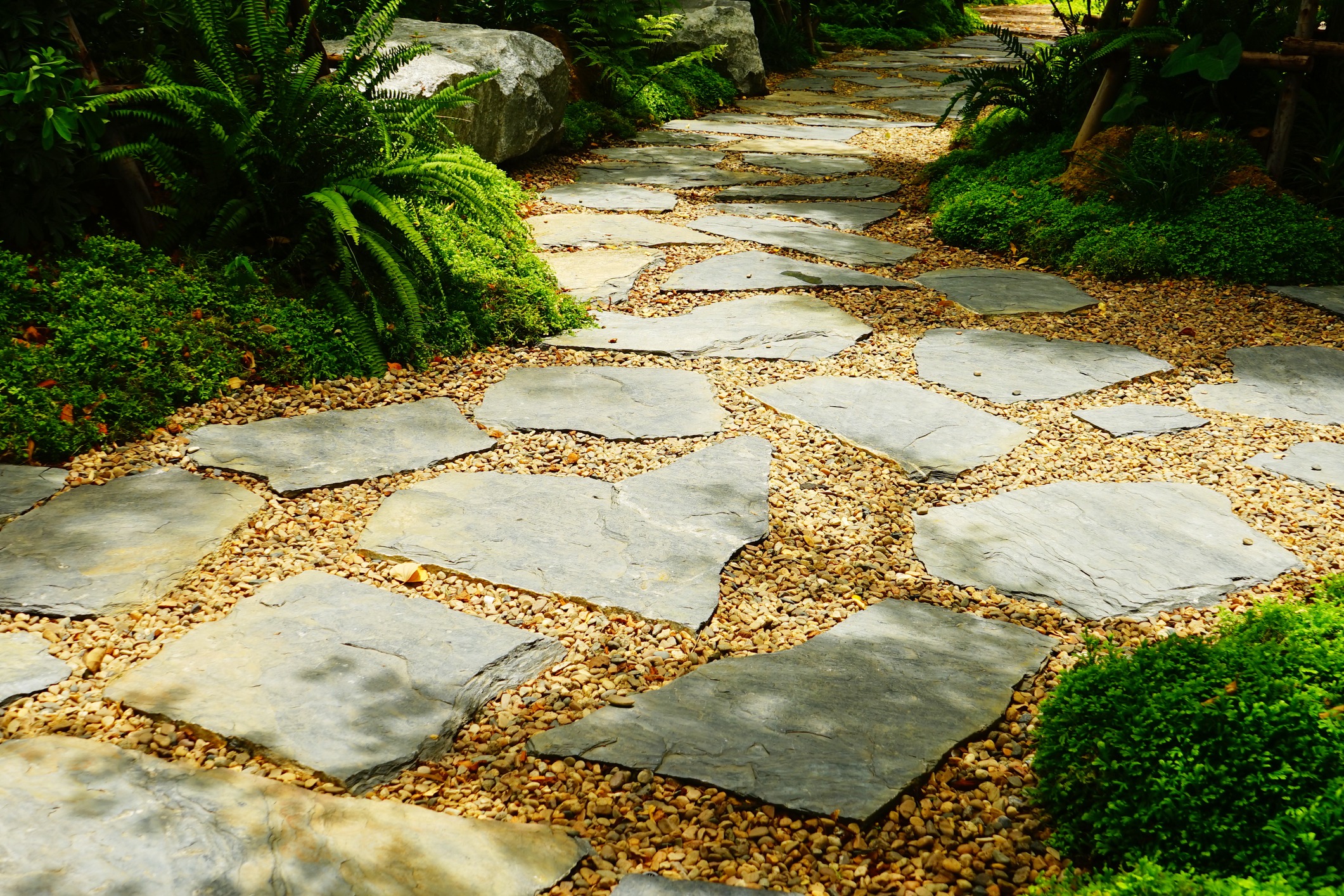 Stone stepping path through lush garden landscape