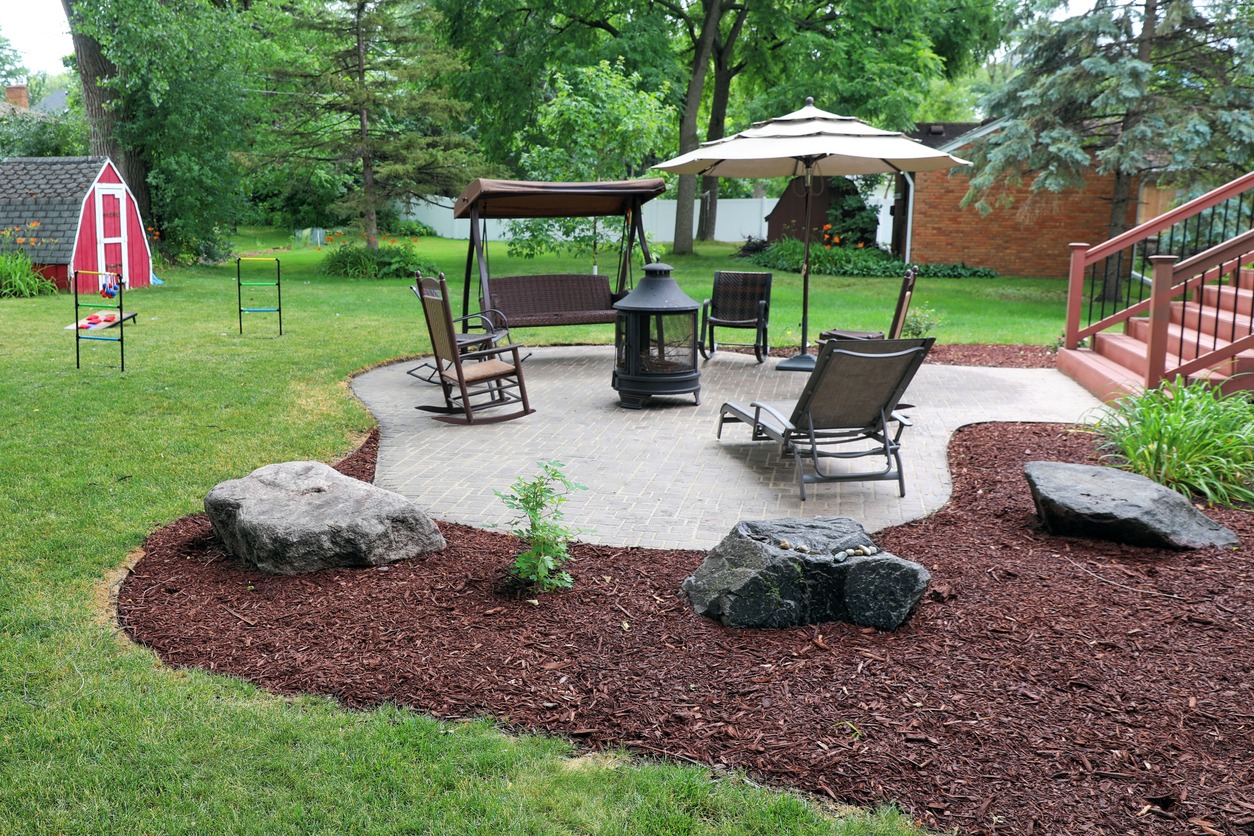 Backyard patio with fire pit and seating area