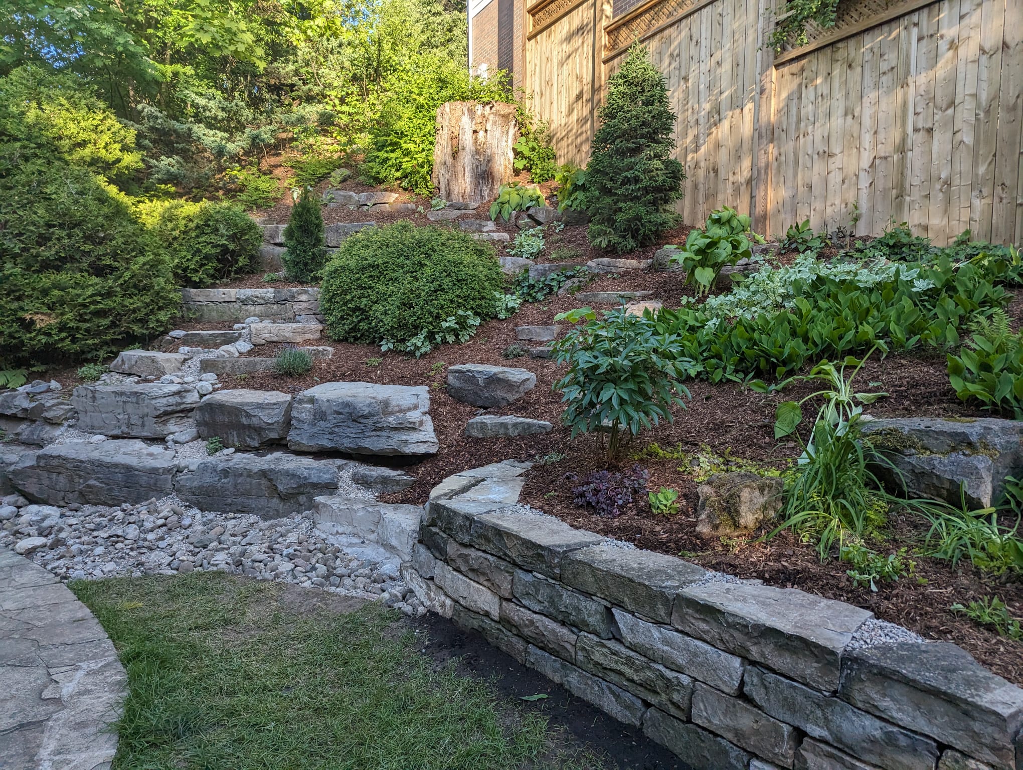 Terraced backyard garden with stone retaining walls